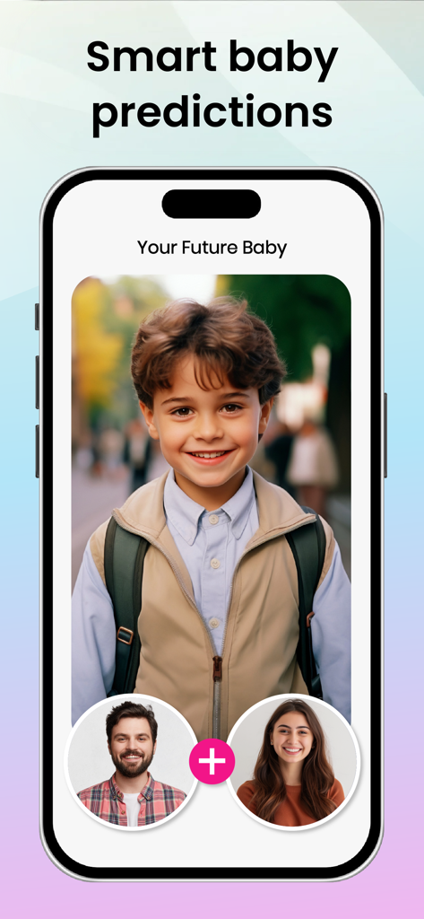 Pantalla de smartphone que muestra una predicción de rostro de niño generada por IA basada en fotos de dos padres