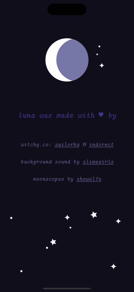 Pantalla de créditos de la aplicación Luna con los nombres de los creadores y un icono de luna creciente sobre un fondo oscuro estrellado