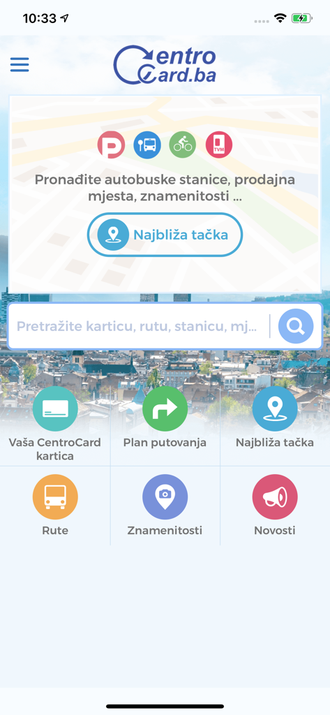 Écran d'accueil de l'application Centrocard avec des options de navigation de transport pour Sarajevo