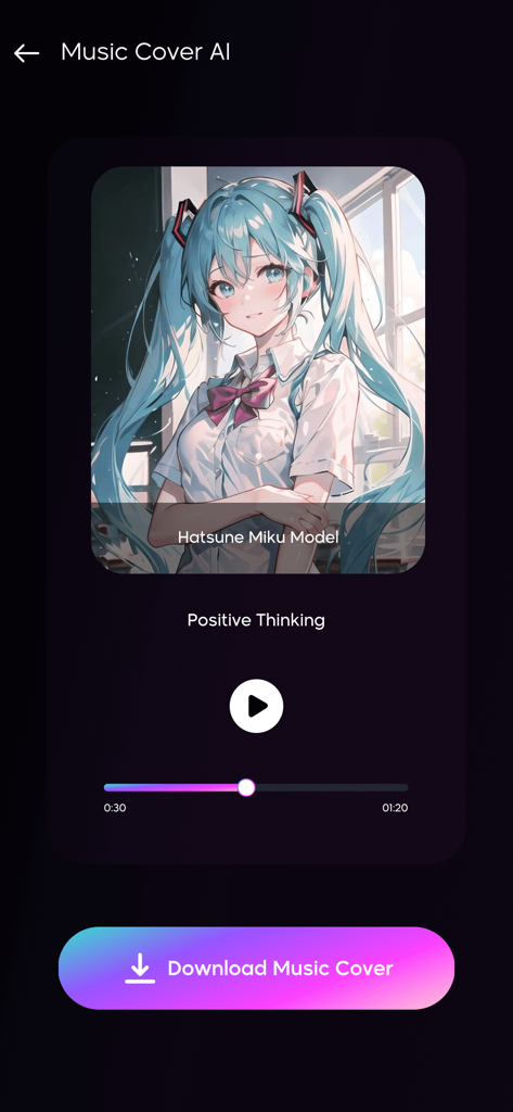 AI Cover Songs : Music AI - 初音ミクモデルとダウンロードボタンを備えたAI音楽カバープレーヤーを表示するモバイルアプリインターフェース