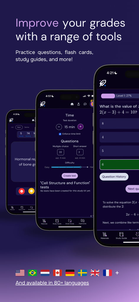 Die Thea-App-Oberfläche zeigt Übungstests, Karteikarten und mehrsprachige Unterstützung für Studierende