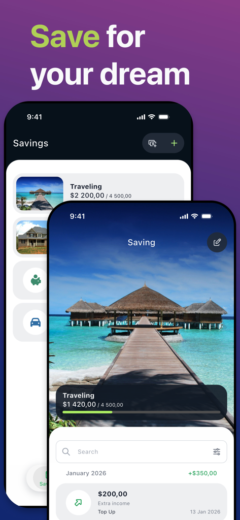 Interfaz de una aplicación móvil que muestra una meta de ahorro para unas vacaciones soñadas con una barra de progreso e historial de transacciones.