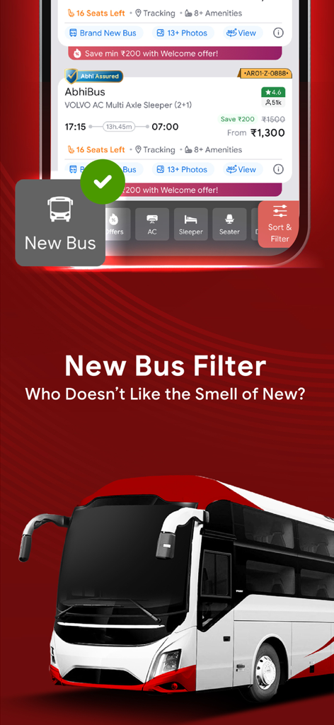 AbhiBus Bus Ticket Booking App - AbhiBus app interface showing the new bus filter feature for selecting modern Volvo sleeper buses in India.