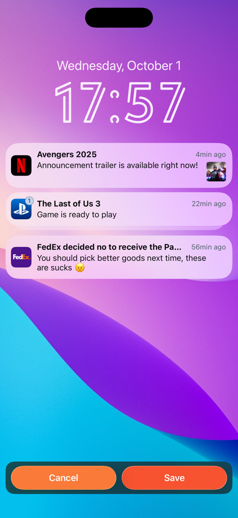 A mockup of an iPhone lock screen showing fake notifications from Netflix, PlayStation, and FedEx