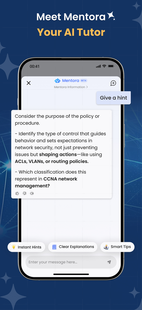 Mentora KI-Tutor gibt sofortige Hinweise und Erklärungen für die CCNA-Prüfungsvorbereitung