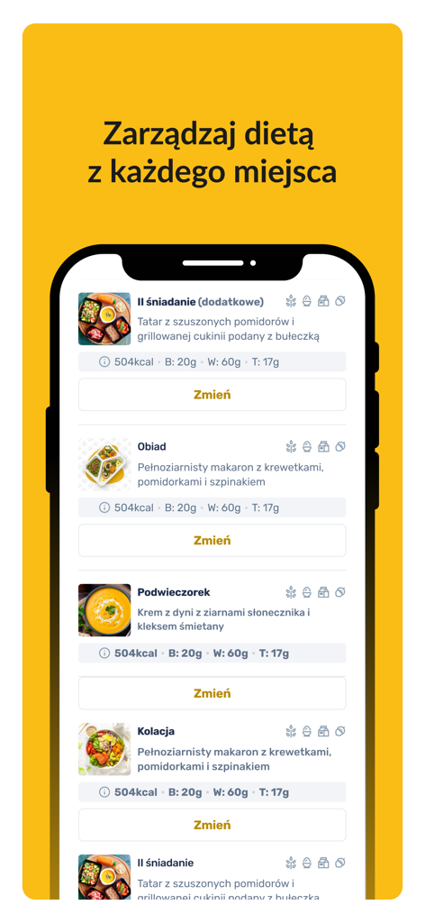 Interfaccia dell'app mobile che mostra la pianificazione giornaliera dei pasti con monitoraggio delle calorie e dei macronutrienti.