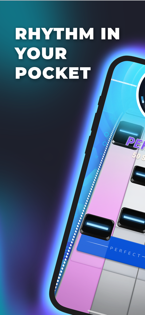 Beat Tiles: Music Game - Beat Tilesのリズムゲームプレイ画面。モバイル画面に「Rhythm in your pocket.」というテキストが表示されている。