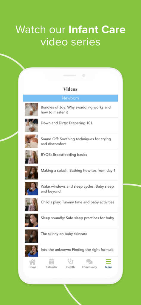 Screenshot of infant care video tutorials in the Ovia Parenting app
