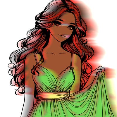 realistic girl in flowy silky prom dress