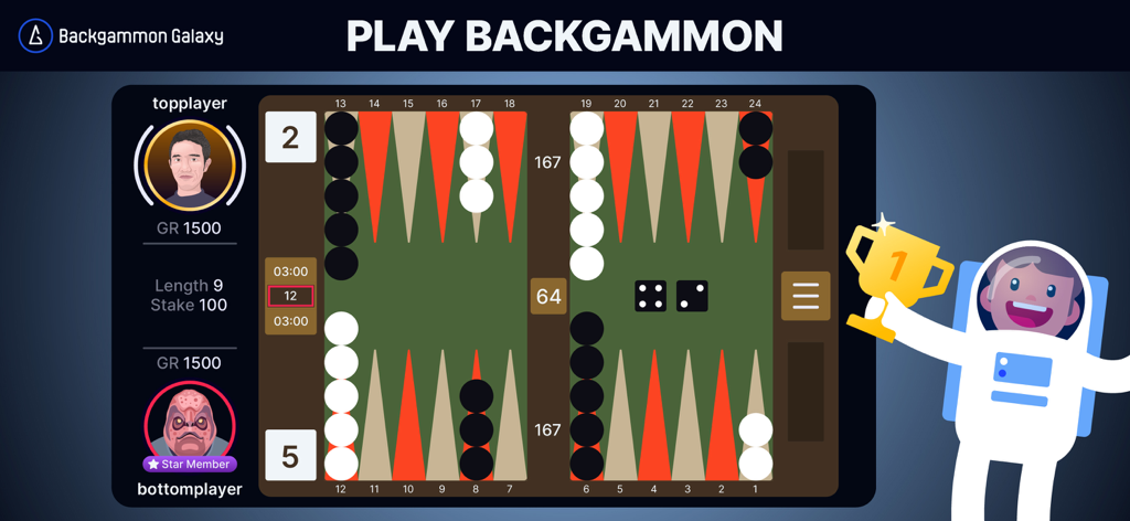 A digital backgammon board match in the Backgammon Galaxy app with a cartoon astronaut holding a trophy