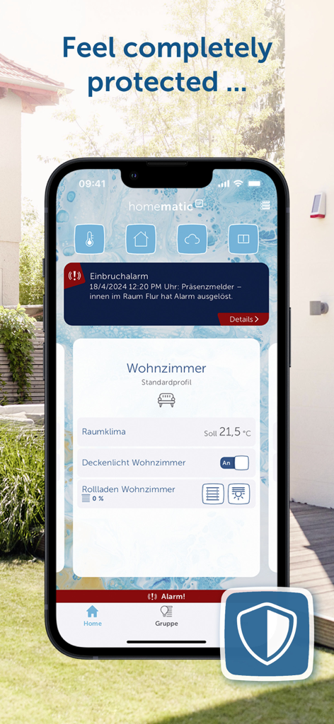 Homematic IP - Homematic IP smart home app interface showing a burglary alarm notification and living room controls