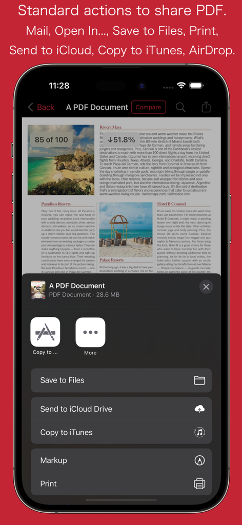 ドキュメントの保存と印刷のオプションが表示されたPDFOptimモバイルアプリ共有メニュー