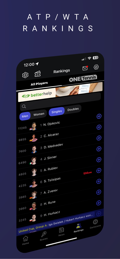 Clasificaciones de jugadores de tenis profesionales de la ATP y la WTA en la aplicación TennisONE