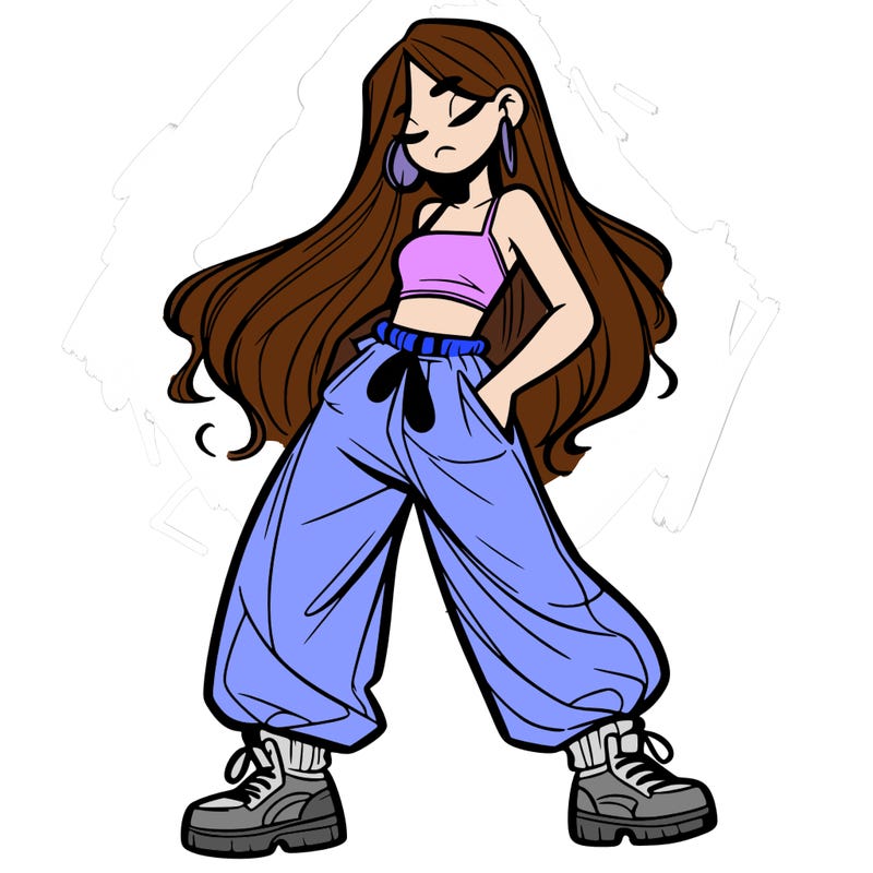 girl in baggy pants crop top and long hair