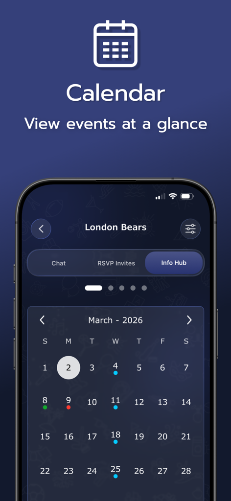 Invitem - Invitem mobile app interface showing a monthly calendar view for a sports group called London Bears