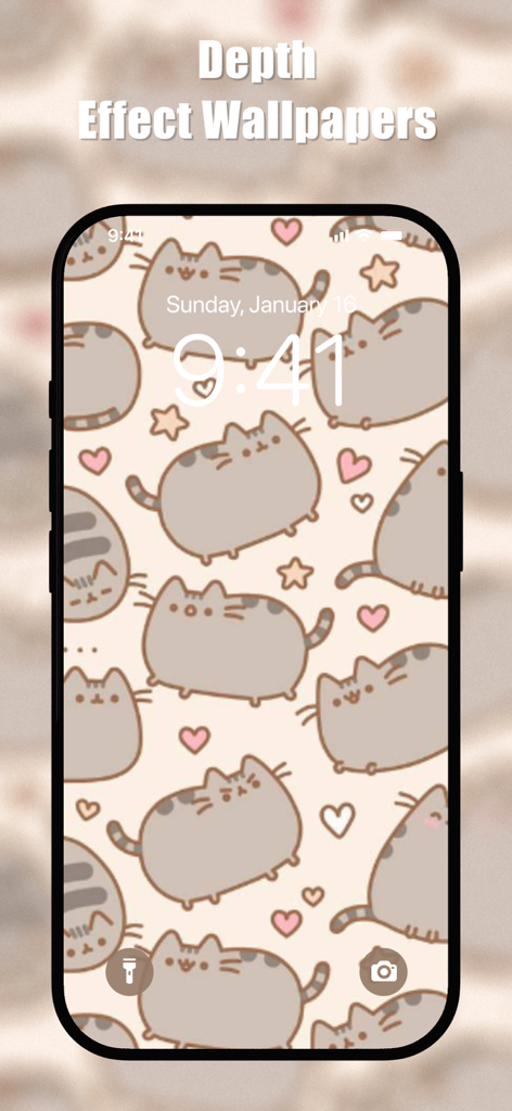 Pusheen Cat Wallpapers 4K - Cute Pusheen cat pattern wallpaper on an iPhone lock screen featuring depth effect.