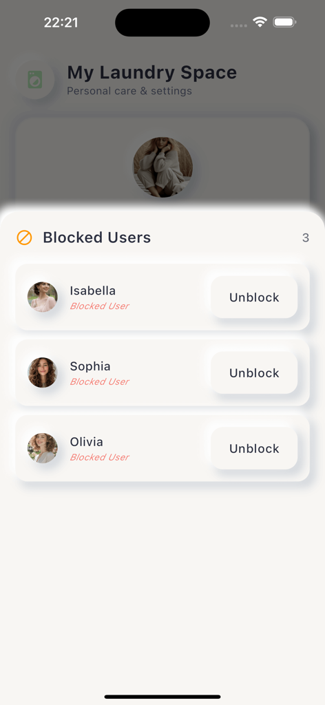 Lania - List of blocked users in the Lania app interface