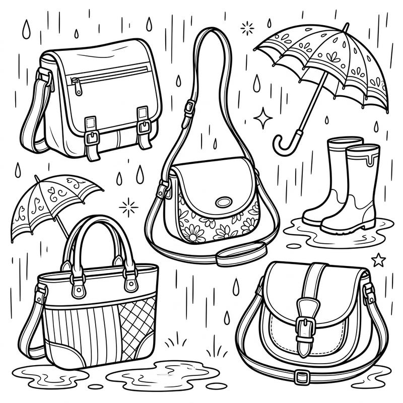 Embrace the charm of a rainy day with this delightful coloring page featuring an array of fashionable shoulder bags. Grab your favorite colors and transform these stylish accessories and cheerful weather elements into your own unique masterpiece.