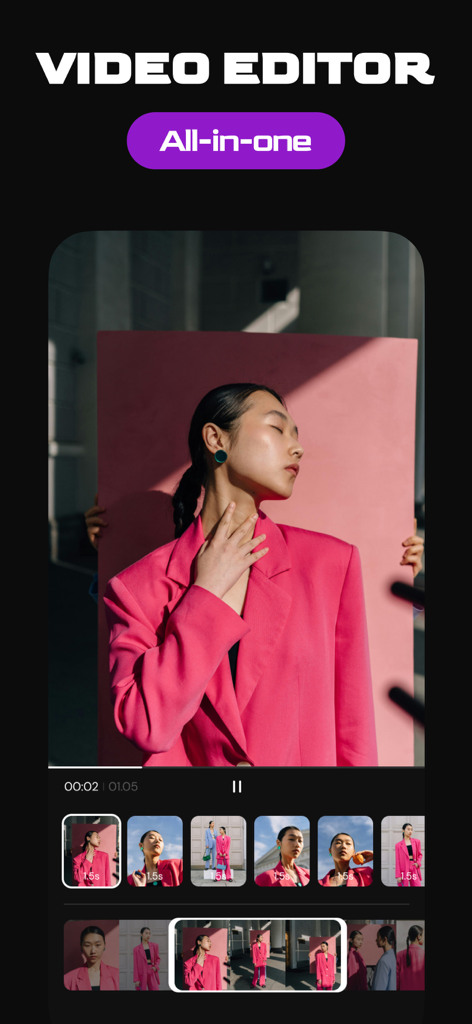 Reels Editor Story Maker BLISK - Interface of the BLISK video editor app showing an all-in-one editing workspace with aesthetic fashion content