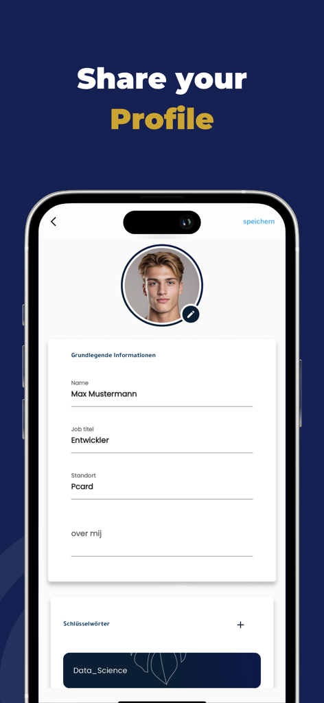 P-Card - Interfaz de la aplicación P-Card que muestra un perfil profesional digital con una foto, nombre y cargo.