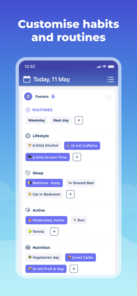 Bearable app interface for tracking health habits and routines including lifestyle sleep and nutrition factors