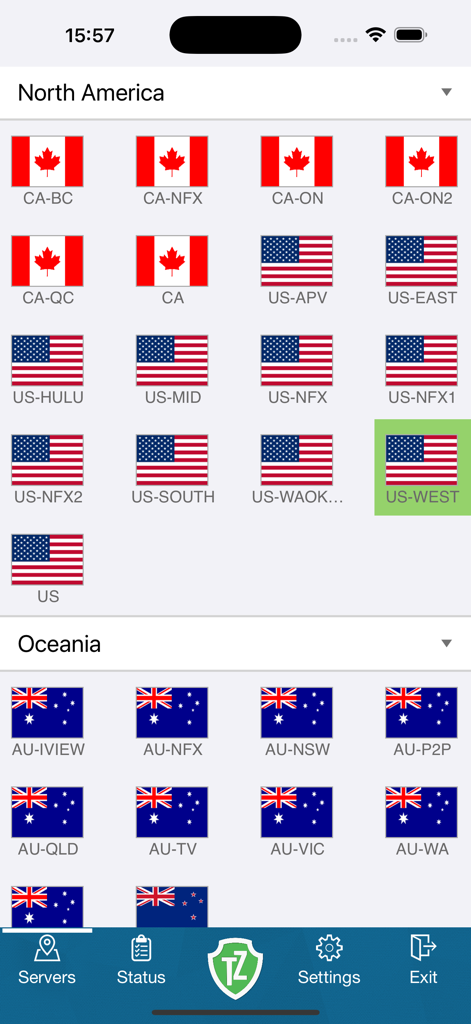 Trust.Zone VPN app server selection screen showing various global locations including United States and Australia