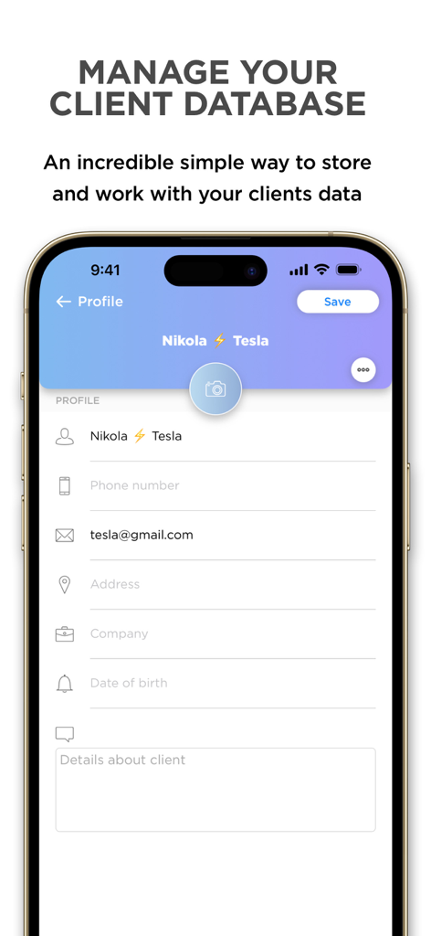 Clients app screenshot showing a clean interface to manage a client database profile