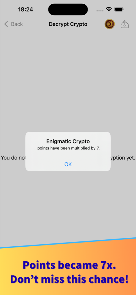 CryptoDiver - CryptoDiver app interface showing a notification that points have been multiplied by seven