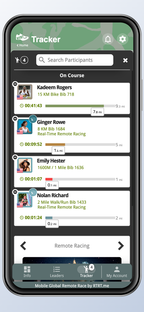 RTRT.me app screen showing a list of race participants with live tracking and progress bars.