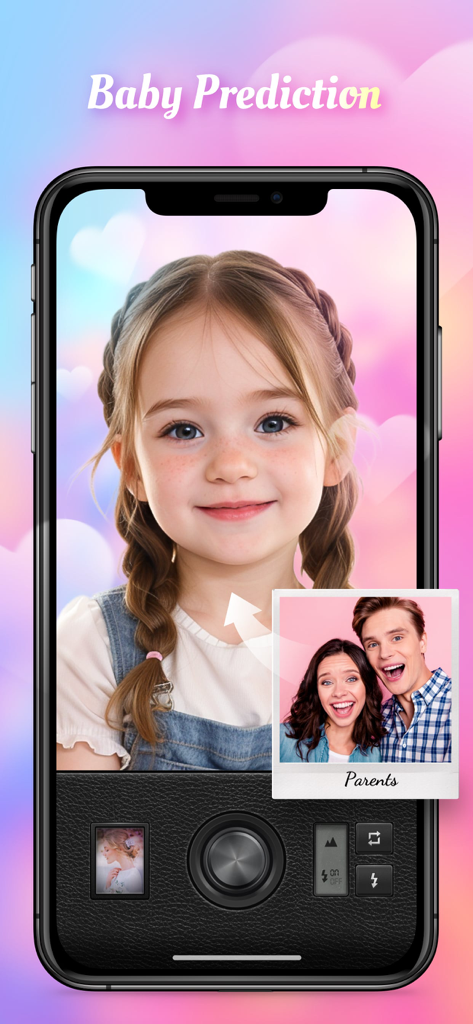 Magic Cam - Face Photo Editor - Magic Cam app baby prediction feature showing a child's face generated from a photo of two parents
