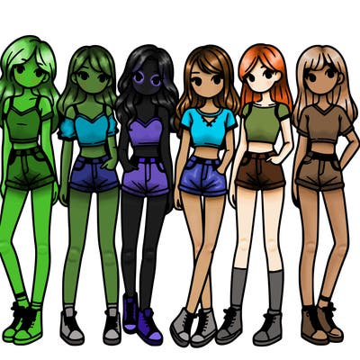 a group of girls wearing crop tops and shorts