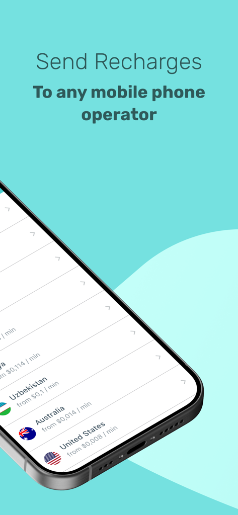 International Calling - Yolla - Yolla-App-Oberfläche, die internationale mobile Aufladeoptionen und Anruftarife für verschiedene Länder anzeigt.