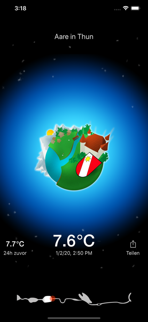 Screenshot der Aare-App, die eine Wassertemperatur von 7,6 Grad Celsius in Thun mit einer Globus-Illustration anzeigt
