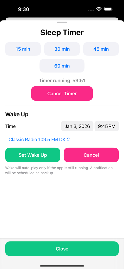 Radio: Create Stations - Interface de configuration de la minuterie de mise en veille et de l'alarme de réveil pour l'application Radio Create Stations
