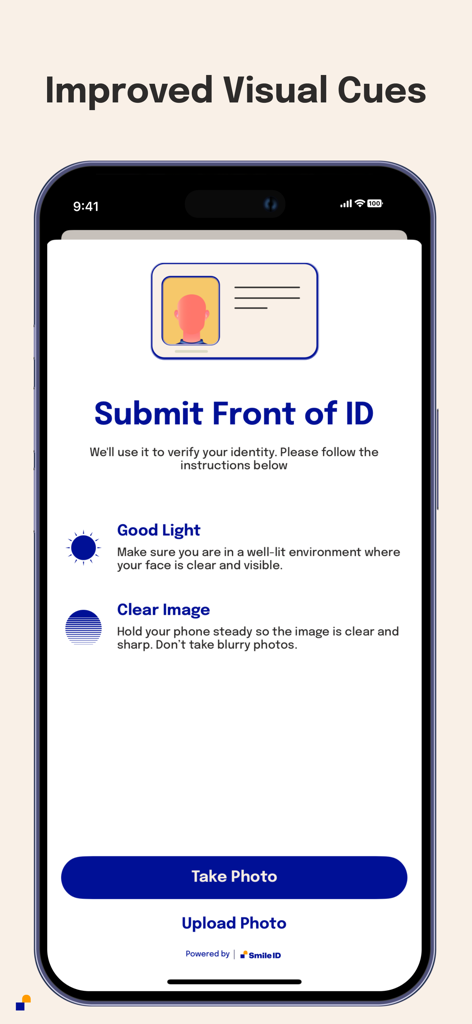 Smile ID - Smile ID App-Oberfläche zur Erfassung der Vorderseite einer ID-Karte mit visuellen Tipps zu Beleuchtung und Bildklarheit