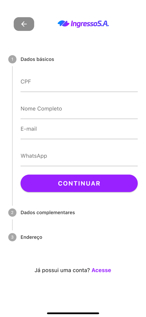 Tela de registro de usuário para o aplicativo Ingresso S.A. mostrando campos para informações pessoais e um indicador de progresso para as etapas de inscrição.