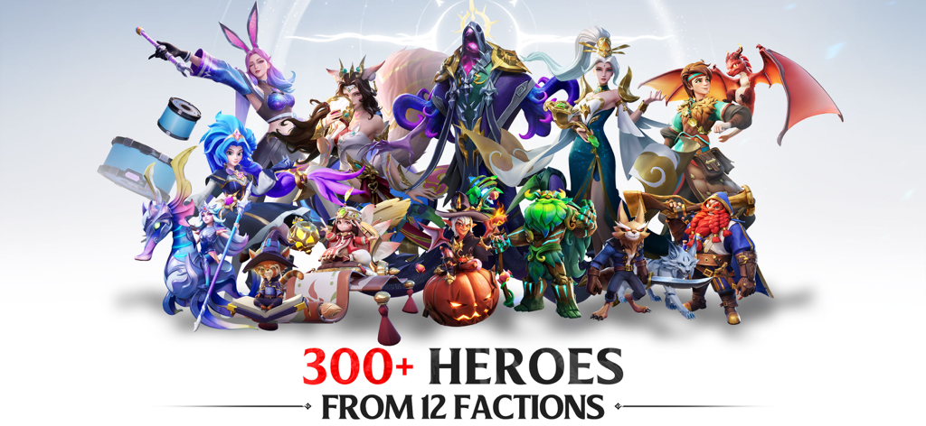 A group of diverse fantasy heroes from Infinite Magicraid representing twelve different factions