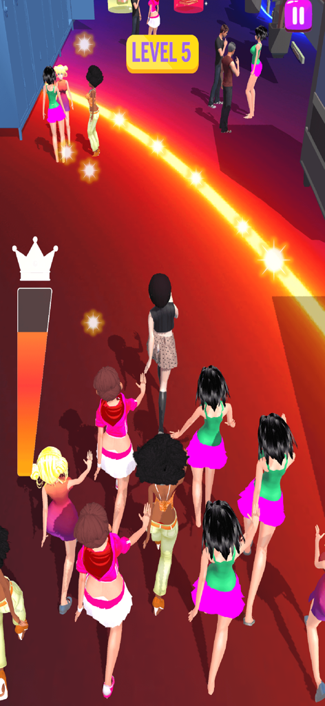 Girl Catwalk: Fashionista - Eine Gruppe stilvoller weiblicher Avatare läuft auf einem roten Laufsteg im Spiel Girl Catwalk Fashionista