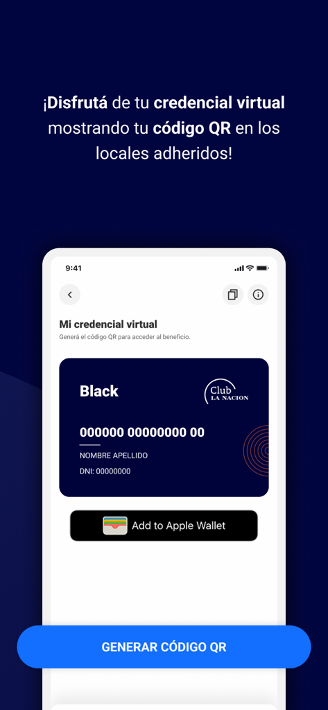 Club LA NACION - Interfaz de la tarjeta virtual Black de Club LA NACION con un botón para generar código QR