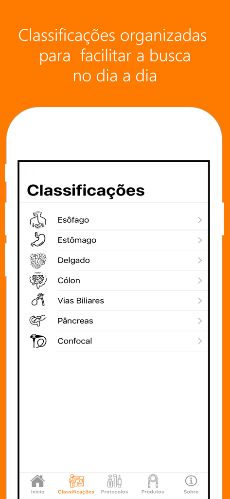 Classificações Endoscópicas - 内視鏡分類アプリのメインメニュー。食道、胃、結腸、膵臓などの医療カテゴリのリストが表示されています。