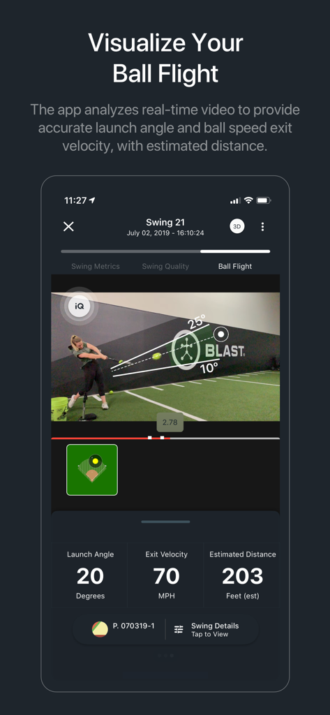 Blast Softball - Blast Softball app showing real-time ball flight metrics including launch angle and exit velocity