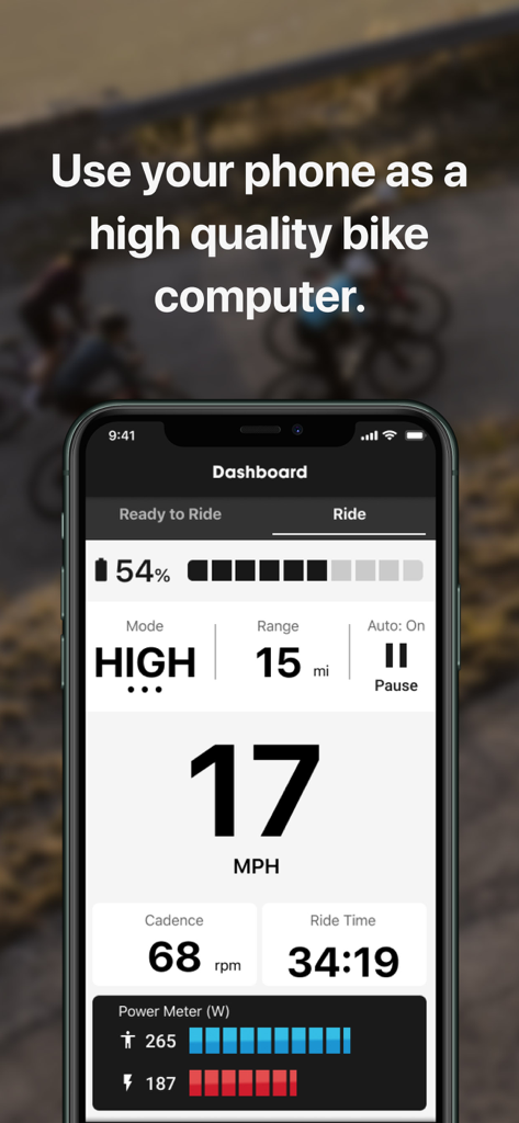 Trek Central - Trek Central app ride dashboard displaying real-time metrics including speed, battery percentage, and range