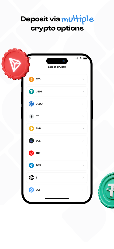 Spenda - Spenda app interface displaying various cryptocurrency deposit options including Bitcoin and stablecoins.