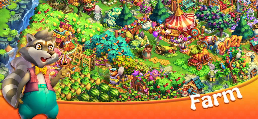 Hedgies - Farbenszene einer Bauernhof-Stadt auf dem Handy in Hedgies mit einem Waschbär-Charakter und niedlichen Tieren in einem üppigen Garten