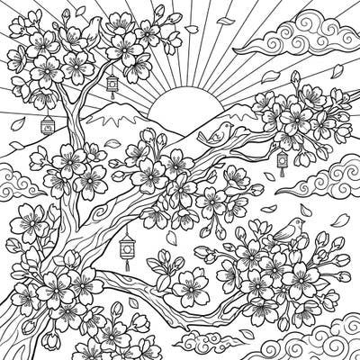Capture the ethereal beauty of cherry blossoms bathed in the soft glow of a rising sun with this exquisite coloring template. Lose yourself in the intricate details of nature's awakening and enjoy a moment of peaceful creation.