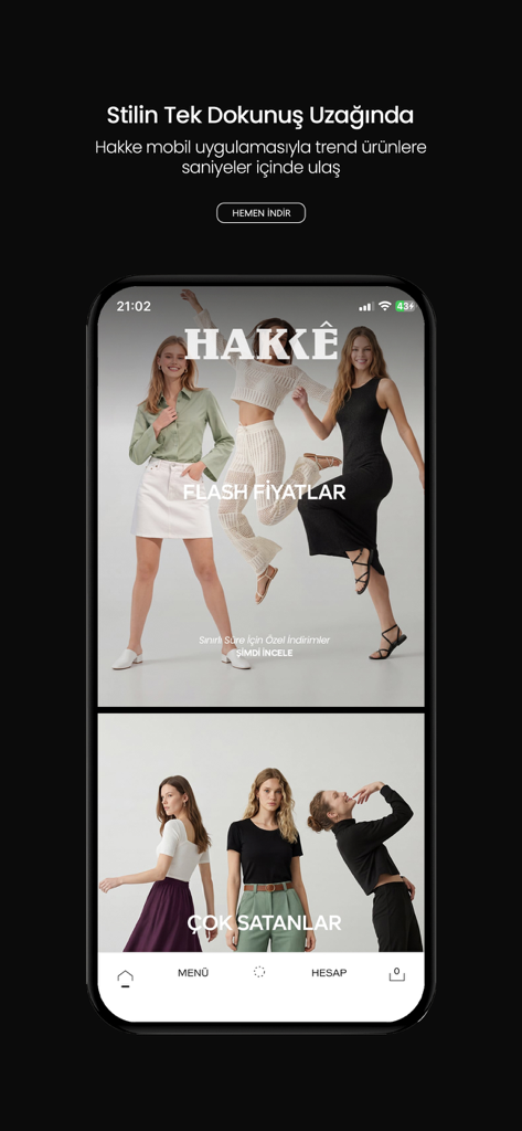 Hakke - Interfaz móvil de la app de compras Hakke mostrando ropa femenina de moda y rebajas flash