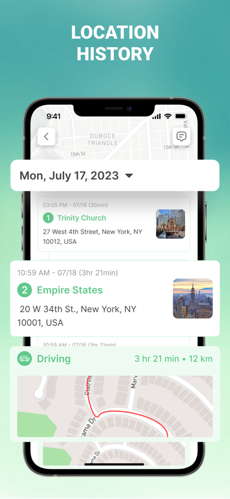 iLocator app interface showing a detailed location history timeline with specific addresses and driving route reports