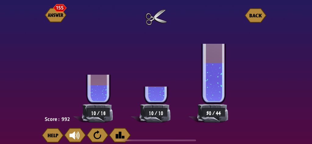 A liquid volume logic puzzle screen featuring three test tubes with blue liquid and fractional measurements