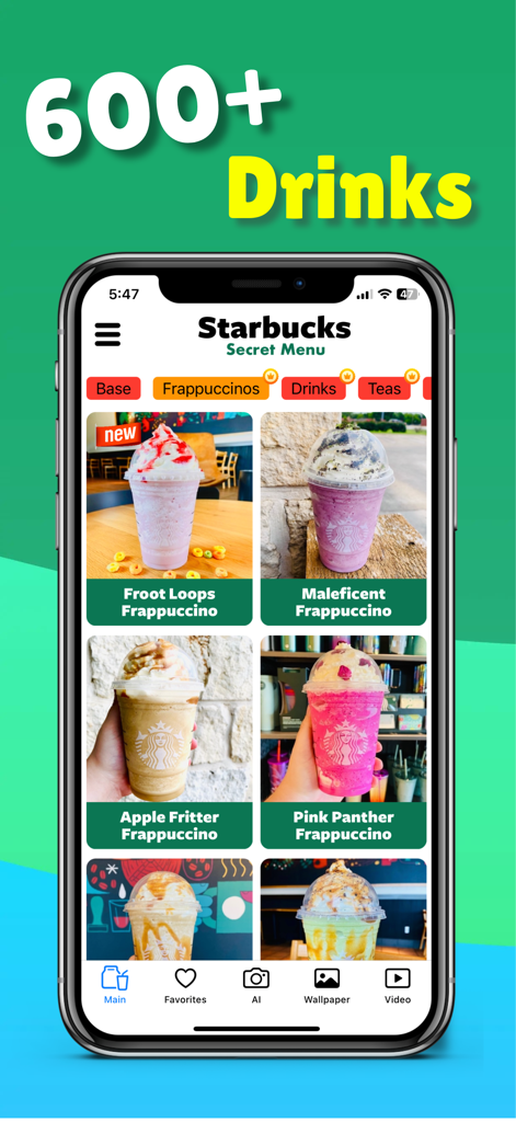 A mobile app interface showing a gallery of custom Starbucks secret menu frappuccino recipes with colorful photos