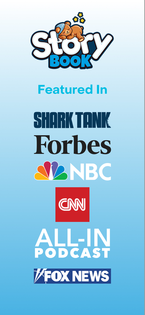 Caratteristiche multimediali dell'app Storybook tra cui Shark Tank, Forbes, NBC, CNN, All-In Podcast e Fox News.